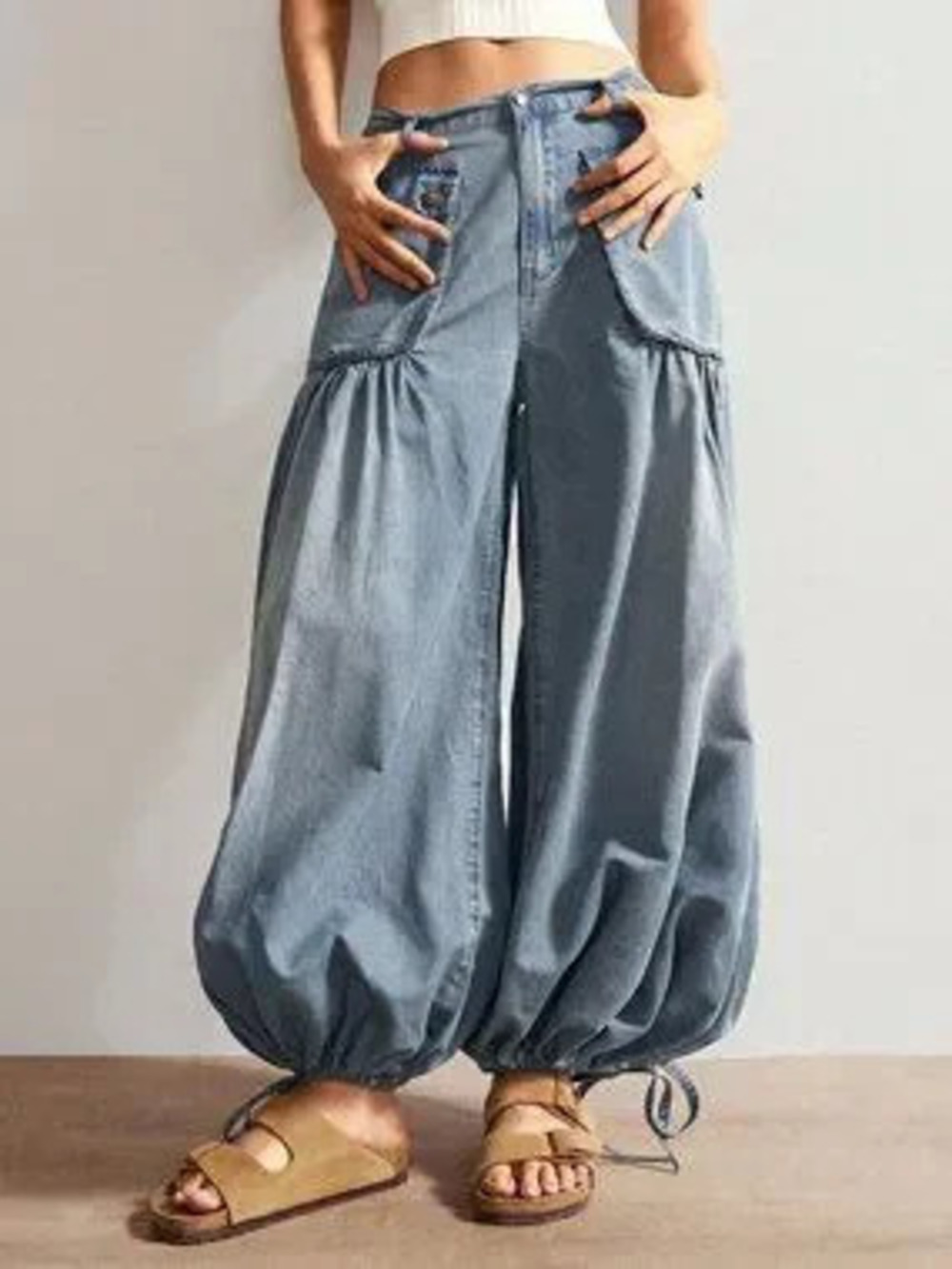 Blue Casual Bohemian Women's Denim Woven Long Jeans with Drawstring